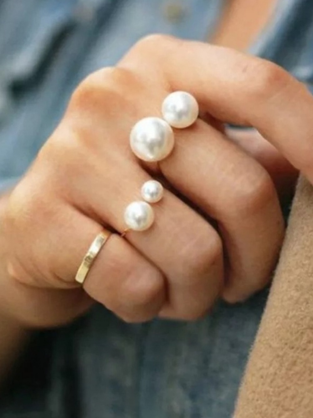 Silver & Gold Faux Pearl Adjustable Rings NWT